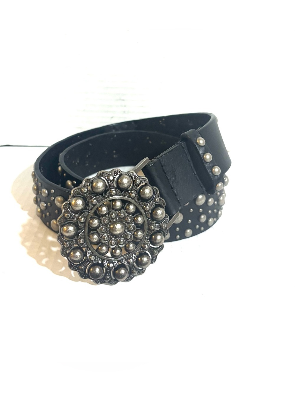 Black Studded Leather Belt with Ornate Silver Medallion Buckle
